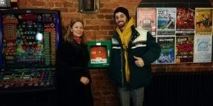 Clare Seed with defib inside Gloucester Missions 